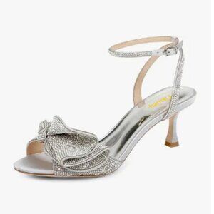Milooey Silver Glitter Rhinestone Bow Crystal Ankle Strap High Heels Sandal